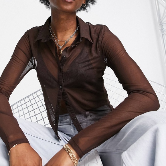 stradivarius Tops - Stradivarius mesh shirt in chocolate brown